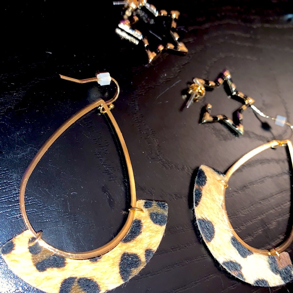 Gold star and animal print hoop style earring bundle